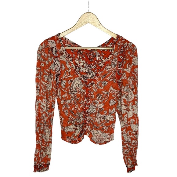 NWOT Free People Say The Word Ruched Long Sleeve V-Neck Top XS ruby red combo - Picture 3 of 14